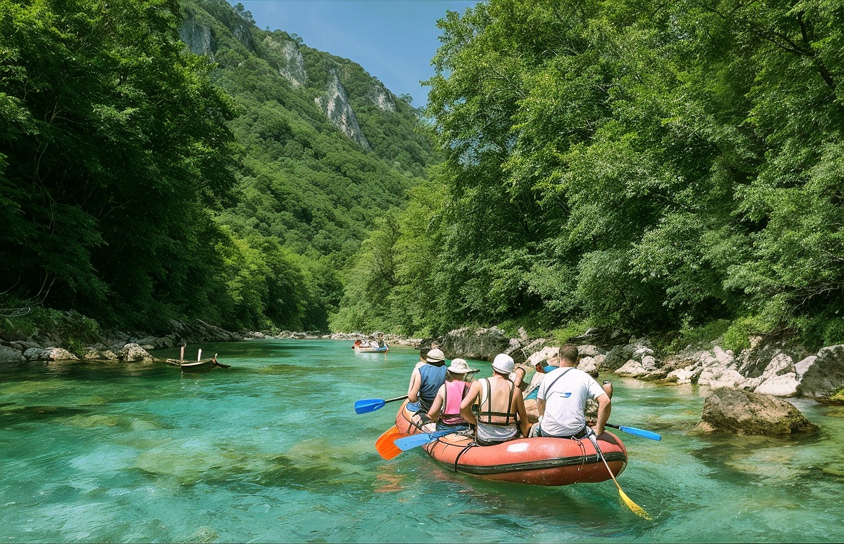 Beginner rafters on a calm section of the Tara River